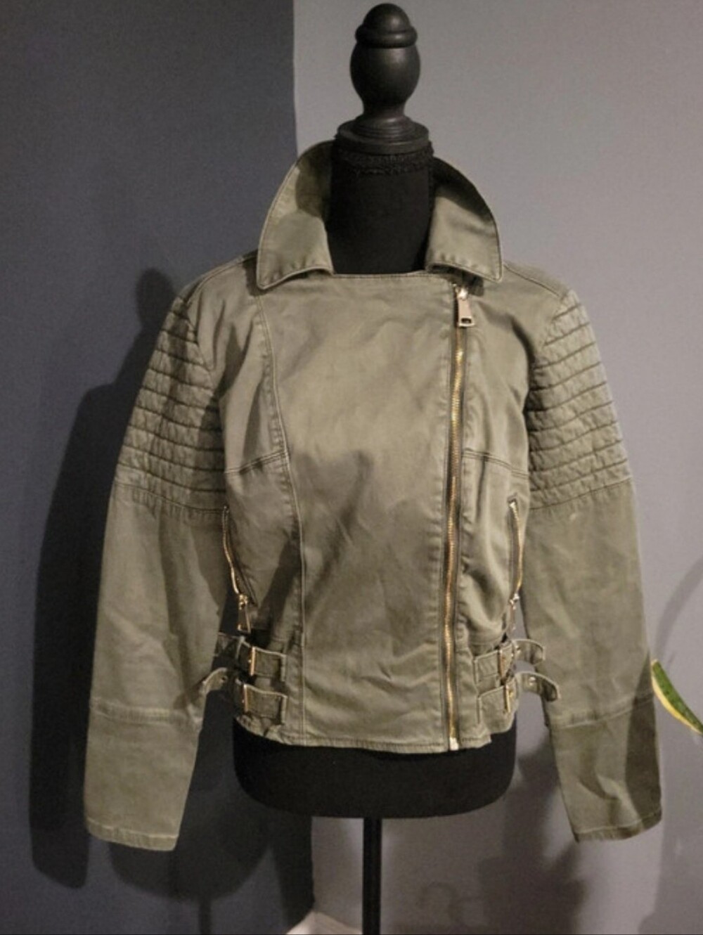 bebe Olive Utility Moto Jacket with Quilted Shoulders
